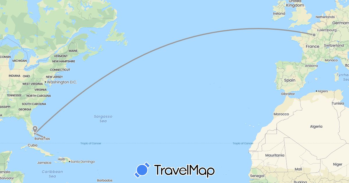 TravelMap itinerary: driving, plane in Bahamas, France, United States (Europe, North America)
