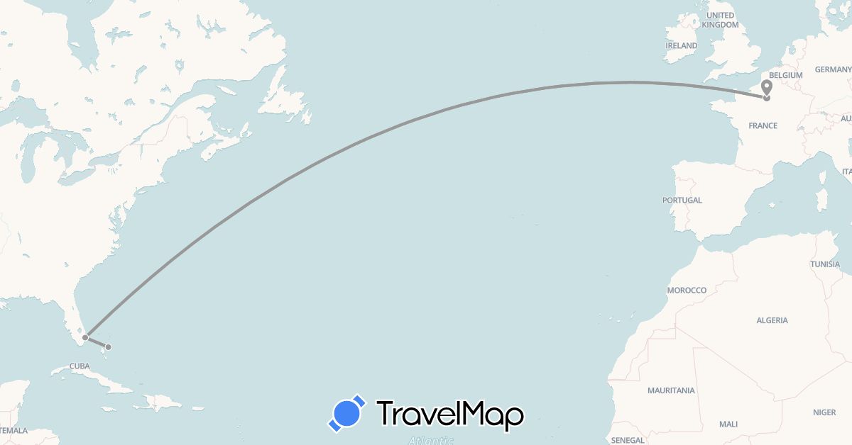 TravelMap itinerary: driving, plane in Bahamas, France, United States (Europe, North America)